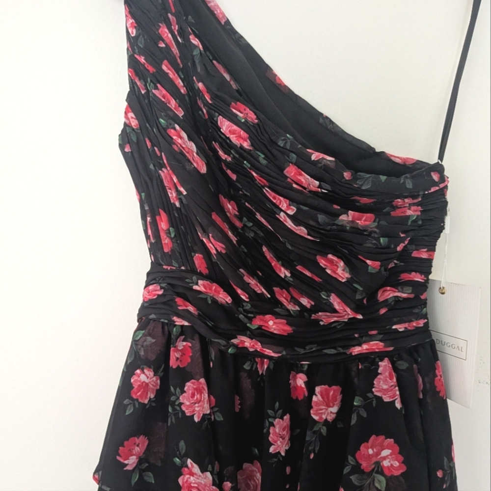 NWT! Mac Duggal Black One Shoulder Ruffled Rose Print Layered High-Low Dress - Picture 10 of 12